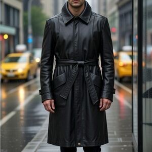 Italian Men's Black Softest Leather Trench Coat, Size M